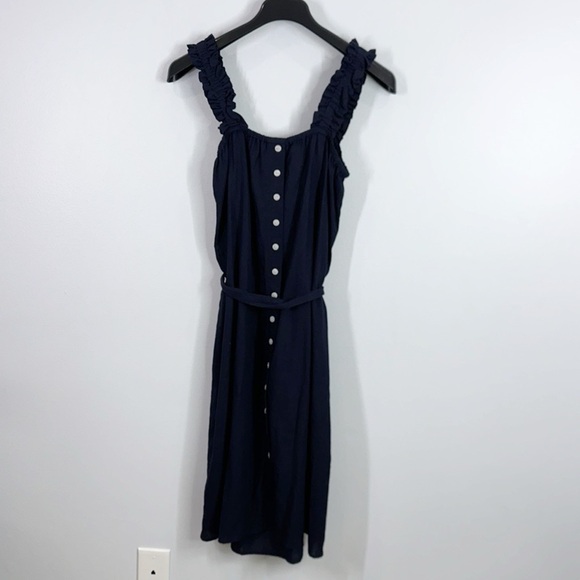 Nicole Miller navy ruffle straps linen blend midi dress size large - Picture 1 of 5